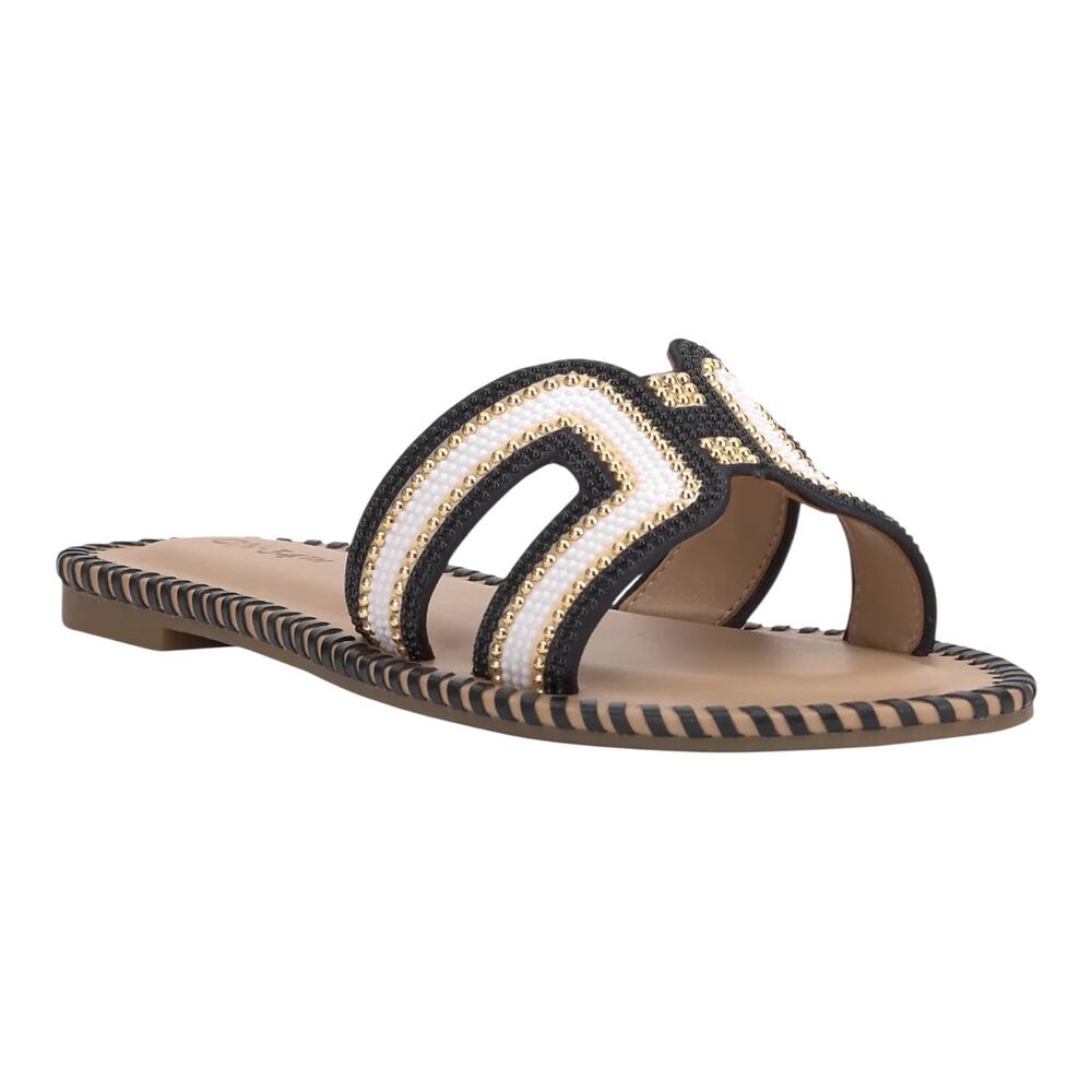On 34th Women's Mansi Beaded H-Band Flat Slide Sandals Black White Size 6 1/2